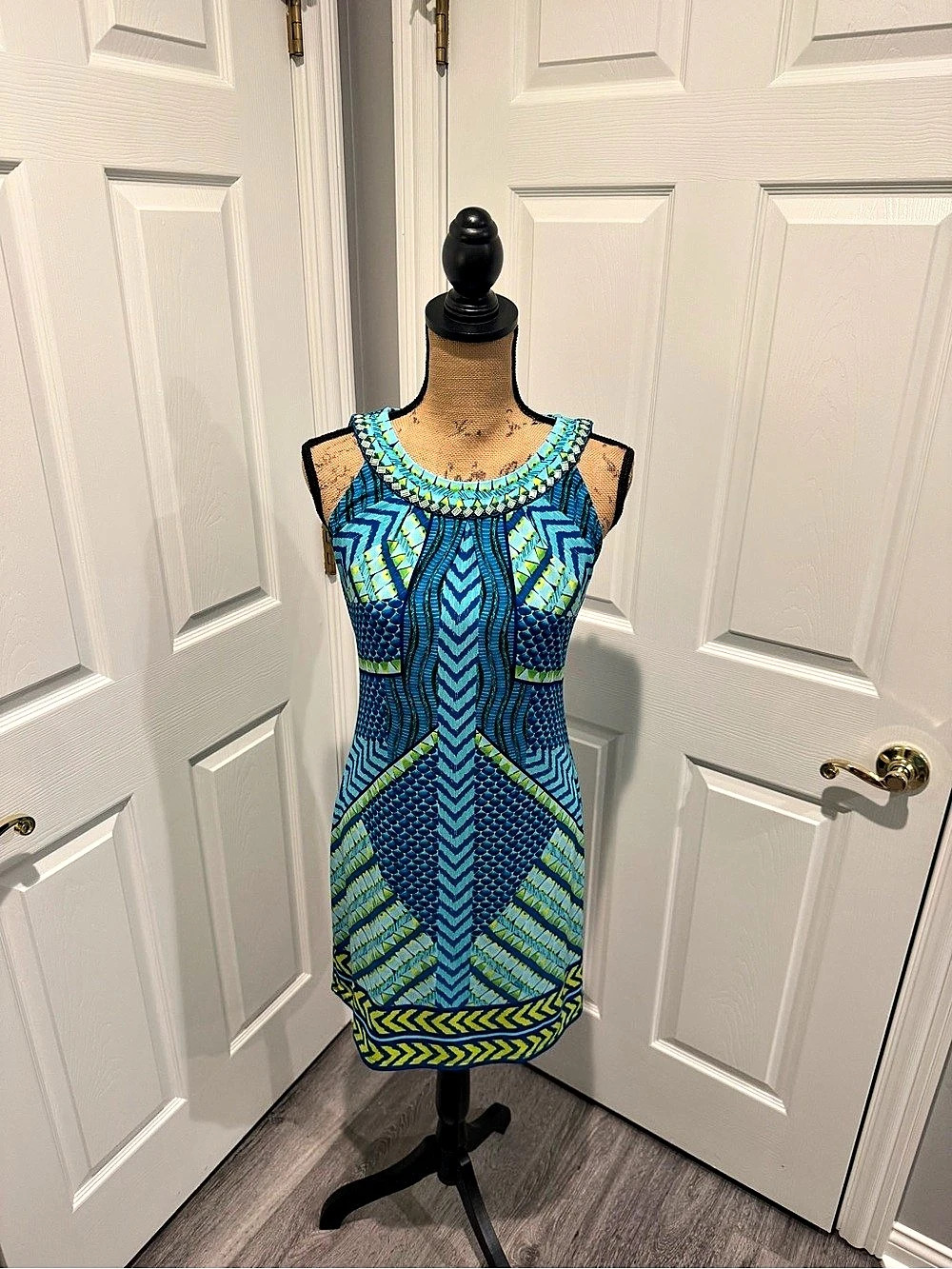 Hale Bob Geometric Mini Dress Blue & Green Small Like New
